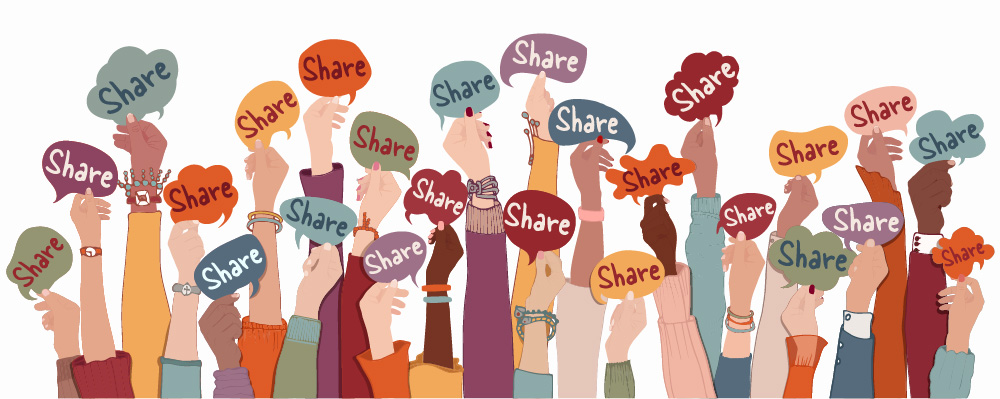 Diverse hands raised, each holding a piece of a speech bubble that collectively spells "Share"