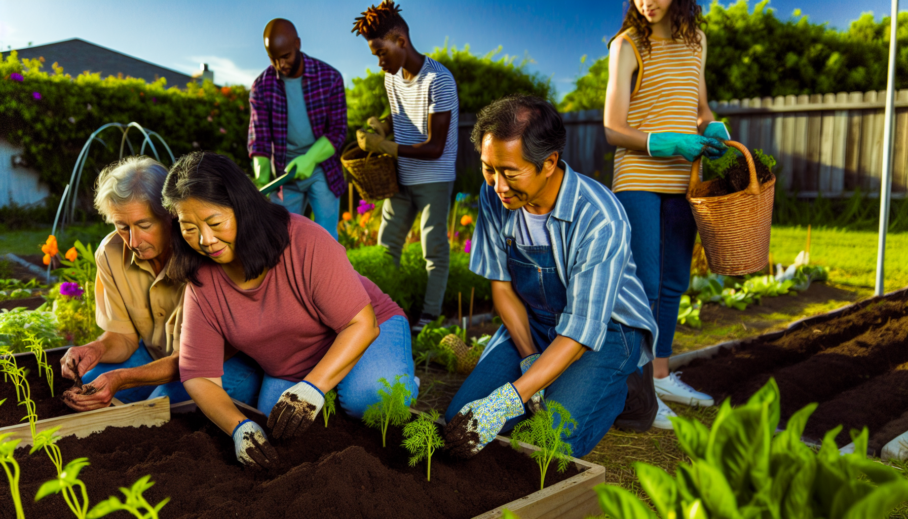 Diverse group of people working together in a community garden